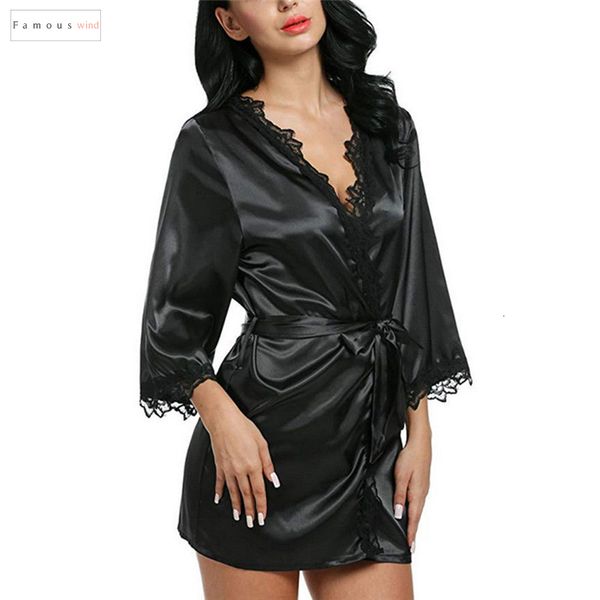 

summer women casual loose solid satin long sleeve v neck bridesmaid wedding robes bride gown regular size, Black;gray