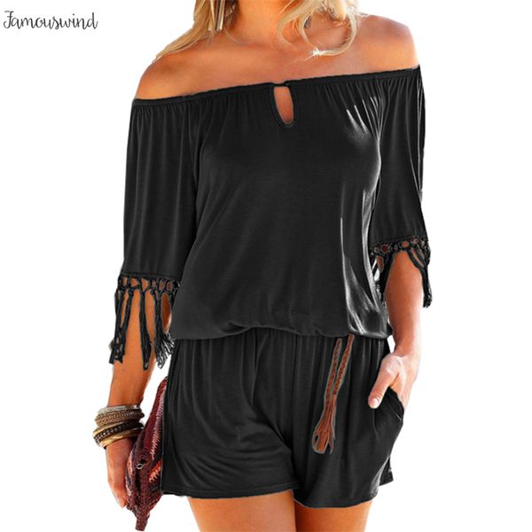 

jumpsuits women summer playsuit tassel slash neck beach shorts overalls boho girls pockets rompers xxl gv923, Black;white