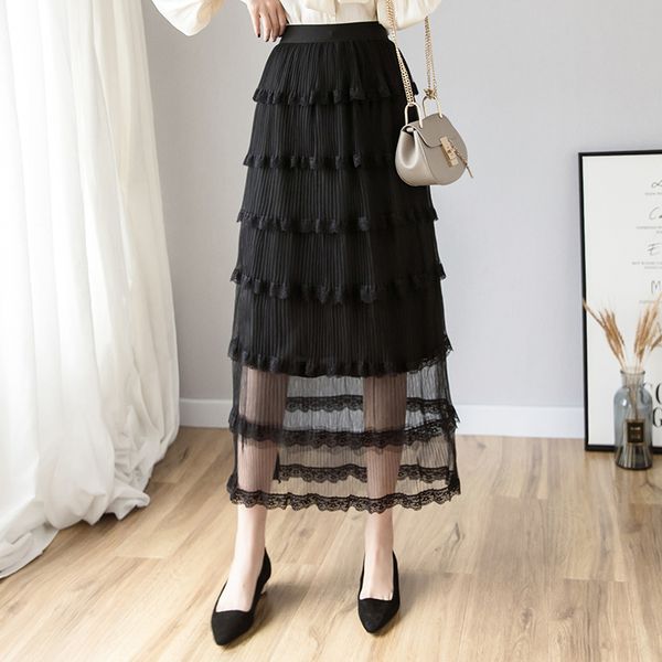 

2019 new summer spring new female net yarn 6-layer cake skirt women's high waist lotus skirts chrimas student for mori girl, Black