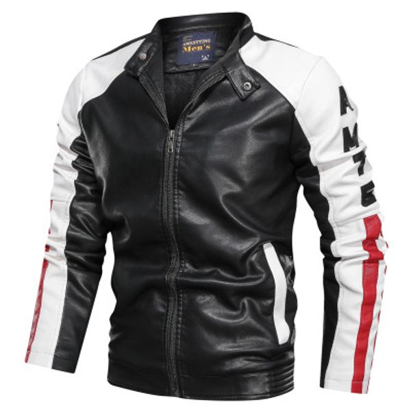 

spot leather stand-up collar pu washed color matching slim casual jacket men, Black