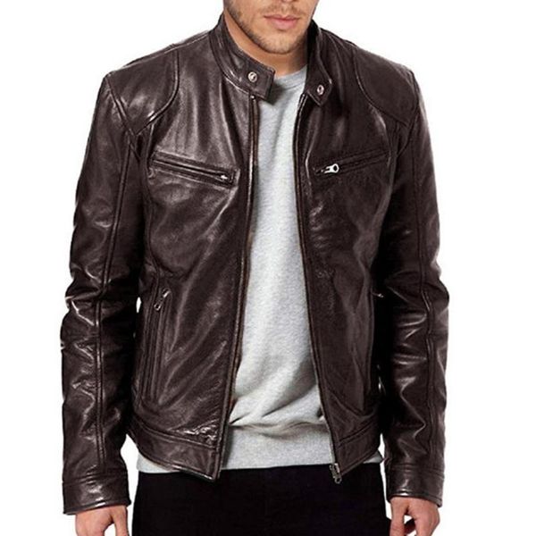 

men motorcycle jacket causal vintage leather coat men zipper pocket pu leather street rock club stand collar jacket gift 2019