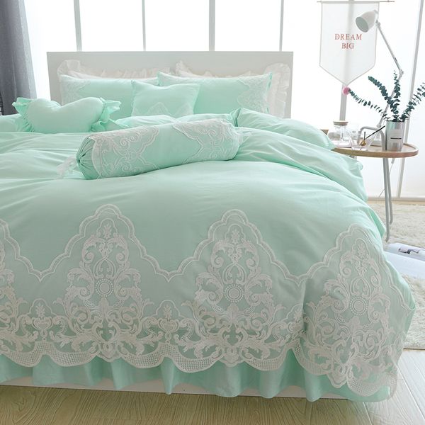 Blue Grey Cotton Lace Princess Style Bedding Set Twin Queen King