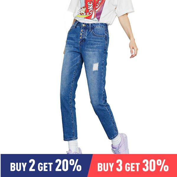

toyouth blue ripped bleach wash denim jeans women casual button mid waist straight leg plain trousers female denim pants