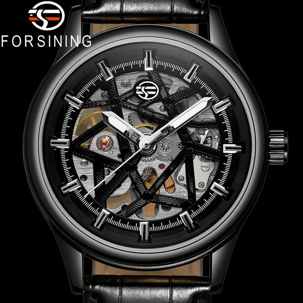 

forsining genuine leather mechanical men wristwatch sport male clock skeleton classic man watch 8178, Slivery;brown