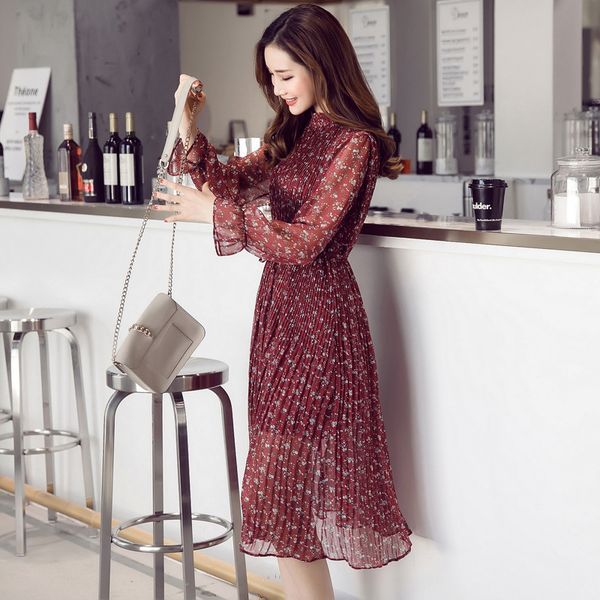 

spring summer new women elegant printed floral chiffon dress long sleeve fashion casual lady long bohemian pleated dress female, Black;gray