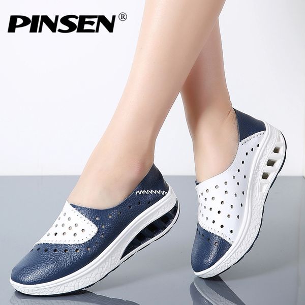 

pinsen 2019 spring women genuine leather flats women platform sneakers creepers cutouts slip on flats moccasins shoes woman, Black