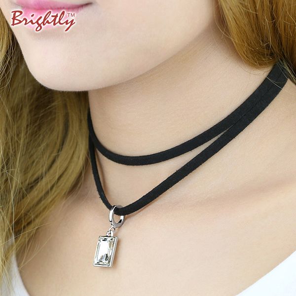 

brightly est punk choker necklaces double black imitation leather luxury rhinestone zircon heart pendant necklaces for women, Golden;silver