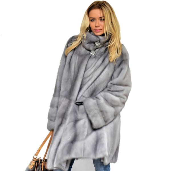 

ur 2019 new fashion winter real fur coat women light grey mink coat with belt fur stand collar full sleeve garment full pelt, Black
