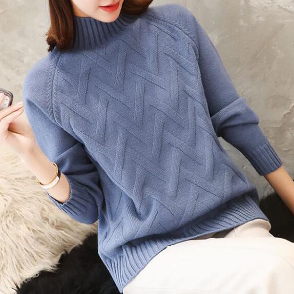 

2020 casual women's winter pullover fashion knited half-high collar sweater loose round neck stripes bottoming women s811, White;black