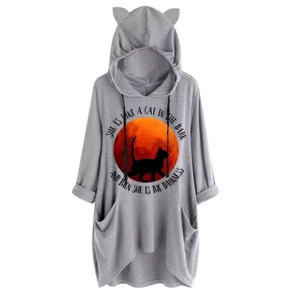 

cat cap sweatshirt women oversized hoodie casual pullovers loose autumn long sleeves cat print pocket irregular blouse ropa, Black