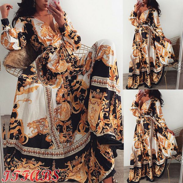 

women long sleeve v neck floral boho vintage maxi dress holiday beach dress, Black
