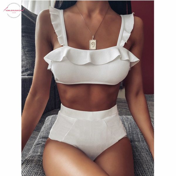 

ruffle bikinis 2020 high waist bikini set bandeau biquini white bathing suit swim women swimwear female swimsuit summer beach, White;black