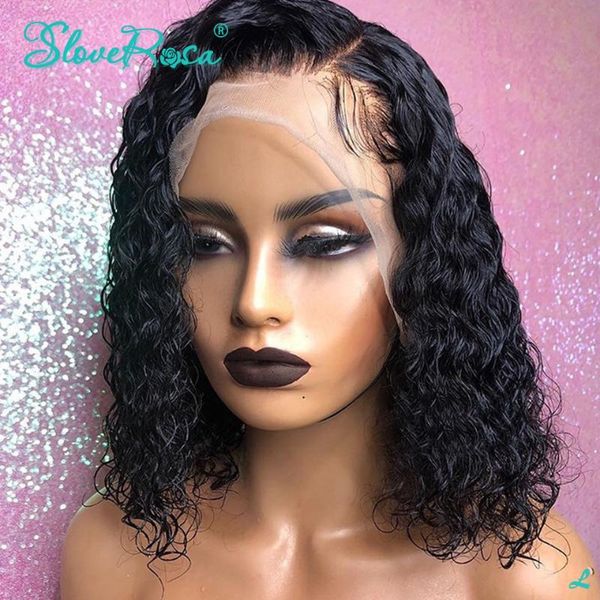 

13x4 glueless short bob wigs 130% density curly lace front human hair wigs malaysia remy hair for women pre plucked slove rosa, Black;brown