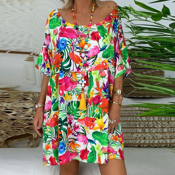 

2019 sukienki party bohemian dress women's ladies loose wide collar floral print half sleeve mini dress summer vestidos 18, Black;gray
