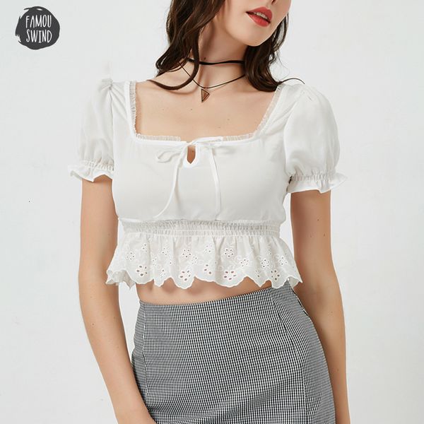 

women square blouse chiffon crop spliced short lace hem with puff sleeve short sleeve neck drop shipping, White