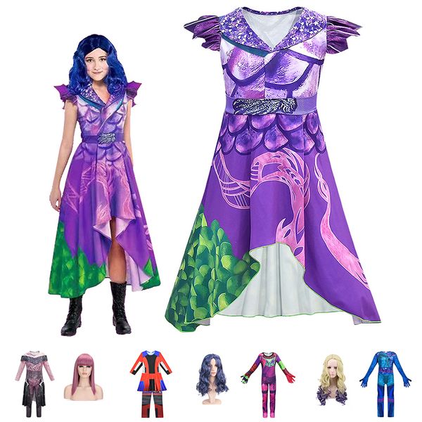 

girls descendants 3 mal dress up costume 3d printed cosplay clothes villain evie jumpsuit kids hallooween disguise dress and wig y200317, Red;yellow