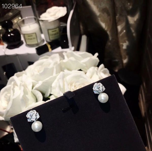 

luxury classic designer s925 sterling silver full crystal rose flower charm white pearl dangle earrings for women jewelry