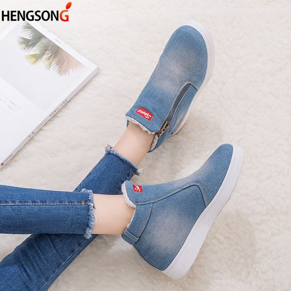 

fleece push warm winter shoes women denim jeans boots snow boots classic high round toe flat casual shoes zapatos de mujer, Black