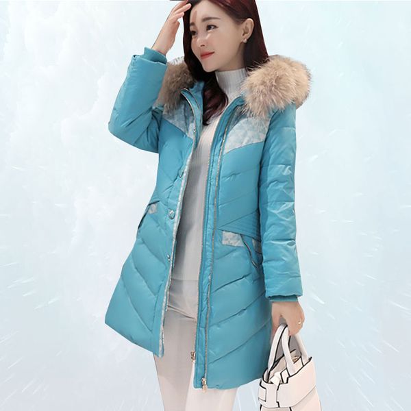 

winter jacket coat women 2019 fashion stitching hooded 90% down jacket slim fur collar long white duck down outwear female sl116, Black