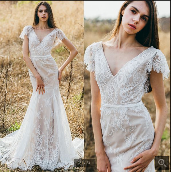 

2020 new designer white mermaid wedding dress summer beach cap sleeve backless v neck elegant bridal gowns reception dresses robe de mariage