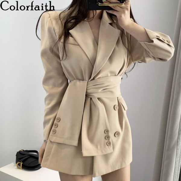 

colorfaith new 2019 autumn winter women's blazers sashes lace up formal long jackets notched outerwear england style jk156, White;black