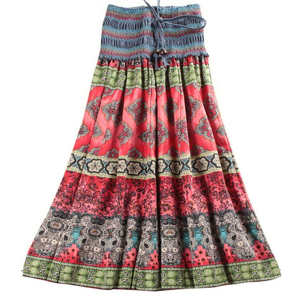 

summer new arrival fashion elastic waist bohemian style flower printed women long skirts saia longa skirts clothes, Black