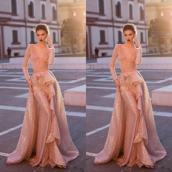 

2020 румяна розовый блестками русалка пром платья со съемным поездом сексуальные длинные рукава глубокий v образным вырезом вечерняя одежда, Black