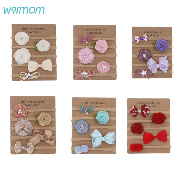 

warmom 5pcs baby girls rose flower bowknot headband set newborn cute elastic princess beauty headdress hair accessory decoration, Slivery;white
