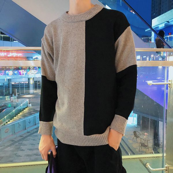 

2020 autumn harbor wind contrast color sweater men's round neck youth sweater loose line student trend men's clothing, White;black