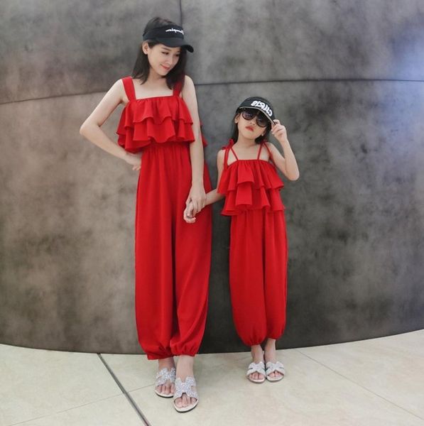 

family matching outfits 2021 mother and daughter clothes mum baby girls jumpsuit red ruffled mommy me dresses, Blue