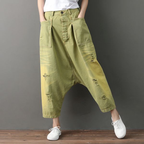 

baggy harem jeans women japanese ripped hole denim pants wide leg drop crotch cross-pants hip hop streetwear boyfriend bloomers, Blue