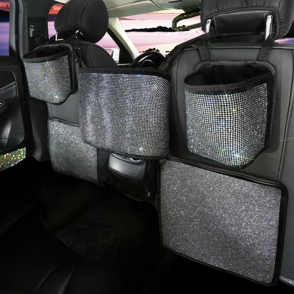 

white rhinestone bling auto car hanging organizer seat back storage container stowing tidying