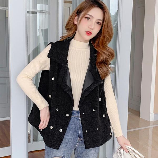 

new loose women knitting outwear fashion sleeveless solid fleece turn down collar vests casual women waistcoat costume m-2xl, Black;white