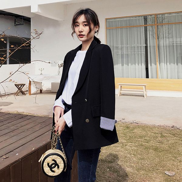 

fashion double breasted black women blazer striped sleeve notched casual female blazer women jacket 2019 autumn outerwear coats, White;black