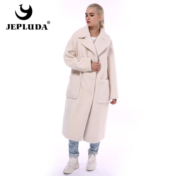 

jepluda new 100% natural wool blends coat women winter warm suit collar long real fur coat women's real fur jacket, Black