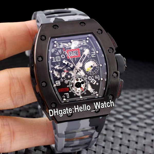 

новый flyback chrono big date rm011 скелет циферблат автоматические мужские часы pvd черный стальной корпус серый камуфляж резина 011 часы h, Slivery;brown
