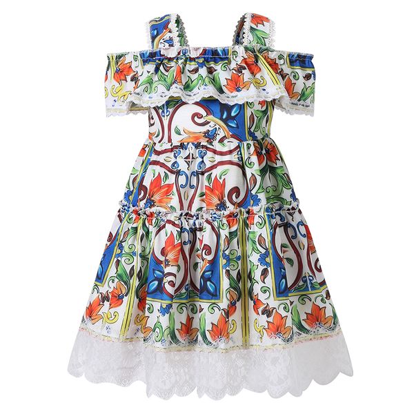 

bongawan girls dress sling shoulder ball gown bohemian style children clothing geometric pattern cotton girl clothes 3-10 years, Red;yellow