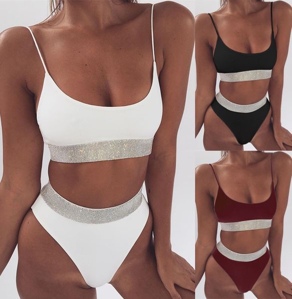 

women's swimwear lady high waist bikini summer beach pool solid color shiny item attached swimsuits two pieces set, White;black