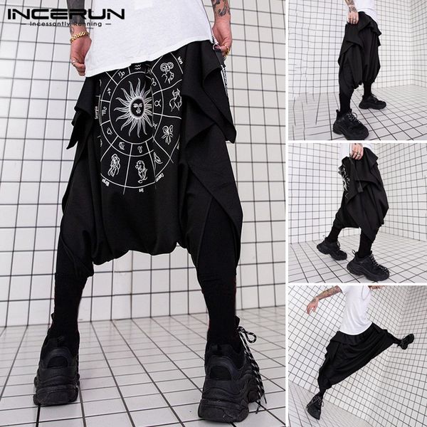 

incerun 2020 fashion men harem pants printed streetwear punk elastic waist drop-crotch trousers joggers loose pants s-5xl, Black