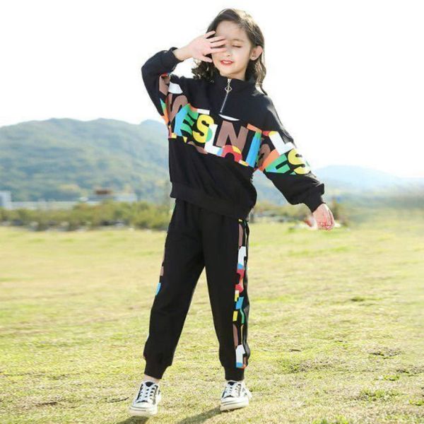 

2020 girls spring autumn fashion new letter sports suit teen girls set 2pcs sweatshirt+pants kids casual clothes suit, Black;blue