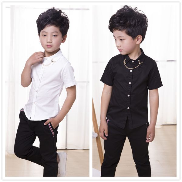 

summer boys shirt short sleeve solid fashion kid clothes turn down collar for boys kids white shirts 6 8 10 12 14 years, White;black
