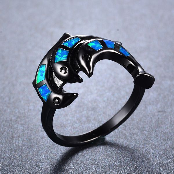

cluster rings amorui rainbow opal natural stone women black gold color cute fish animal engagement fashion jewelry drop shiping, Golden;silver