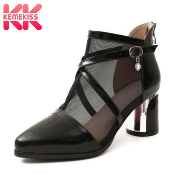 

kemekiss office lady genuine leather high heels ankle boots strap lace patchwork thick heel footwear women shoes size 34-39, Black
