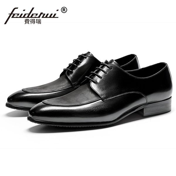 

italian man formal dress shoes genuine leather handmade wedding oxfords pointed toe laces men's groom flats for suit dm178, Black