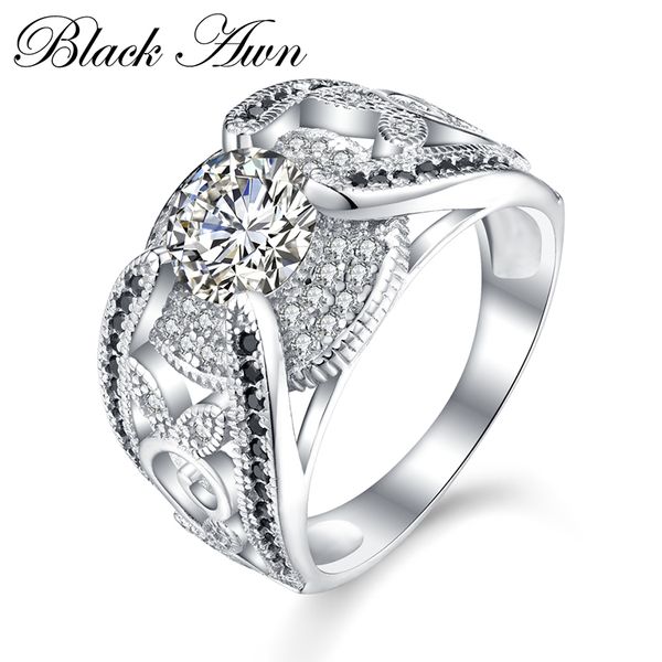 

black awn new arrival authentic 925 sterling silver women rings white/black zirconia 925 silver rings fine jewelry gift c321, Golden;silver
