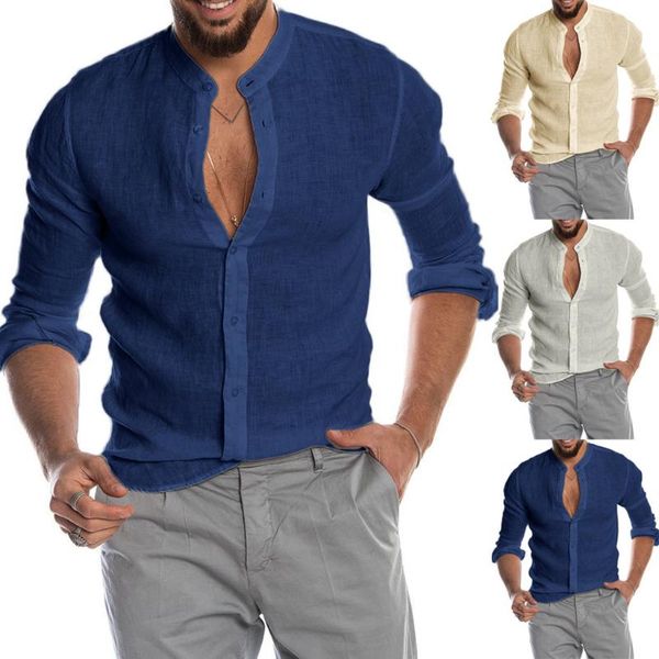 

mens shirt fashion men's casual o-neck button solid beach long sleeve blouse casual collar male camisas hombre 2020, White;black