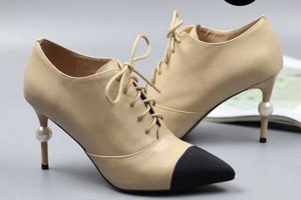 

free ship! u631 40/41/42 genuine leather cap toe pearl heel short boots vogue luxury designer