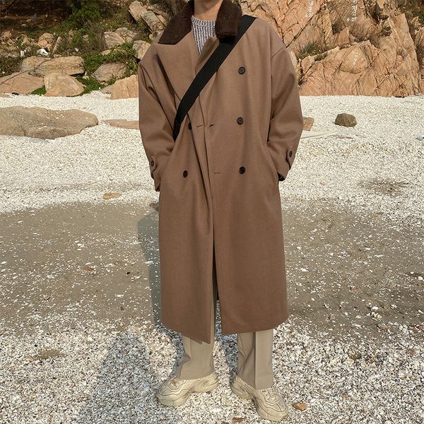 

2019 winter new japanese retro collar stitching plush hit thickened woolen coat fashion casual solid color shirt black / brown