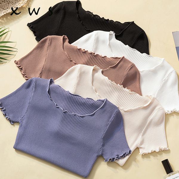 

black white spring summer sweater women solid knitted sweater pullovers short sleeve wave cut o-neck basic office 2019, White;black