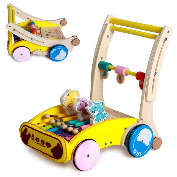 

arly child wooden baby stroller folding cart toys with wheels trolley music walker pushchair functional four wheel pram buggy